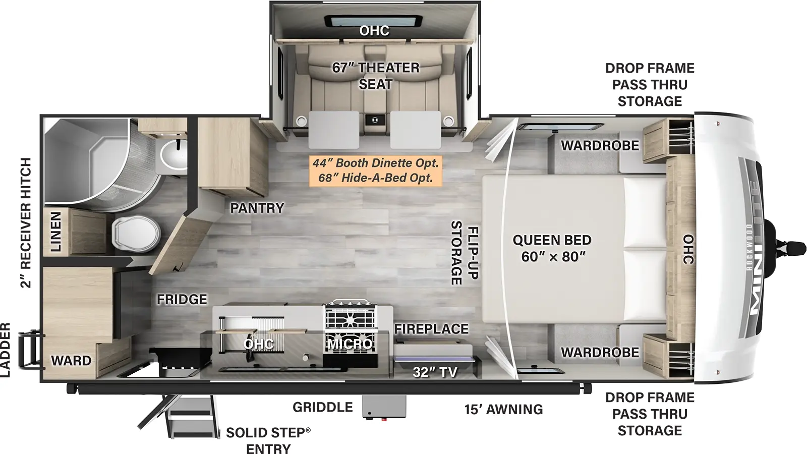 The 2205S has one slide out and one entry door. Exterior features a 15 foot awning, solid step entry, drop frame front pass thru storage, griddle, rear ladder, and 2 inch receiver hitch. Interior layout front to back: foot-facing queen bed flip-up storage, overhead cabinets, and wardrobes on either side; off-door side slide out with theater seating with tables and overhead cabinets (booth dinette or hide-a-bed sofa optional); door side TV with fireplace below, countertop with cooktop, overhead cabinets, microwave, sink, and entry; off-door side pantry; rear off-door side full bathroom with linen closet; rear wardrobe and refrigerator.